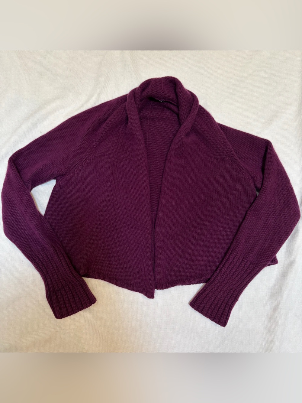 Eileen Fisher 100% Cashmere Open Front Cardigan Sweater Crop Purple Shawl Collar